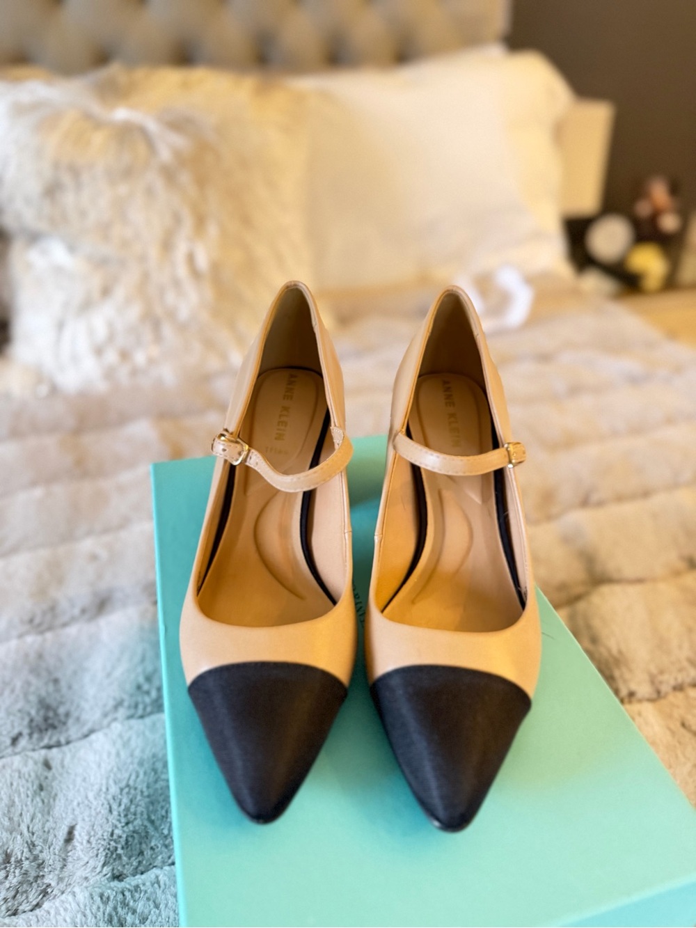 Anne Klein Beige and Black Pointed-Toe Mary Jane Pumps